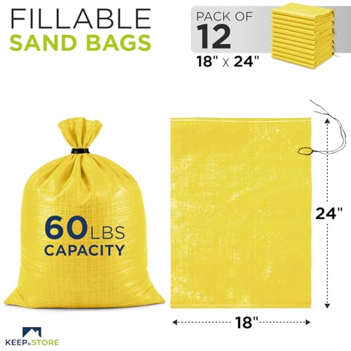 Heavy Duty Sand Bags Pack of 12, Bright Yellow Empty Sandbags with Built-In Ties, Woven Polypropylene UV Protection 1600 Hours, Fillable Bags for Flood Control, Weight, 18x24 inches, 60 Pounds Volume - size: 18"W x 24"L, style: Pack of 12