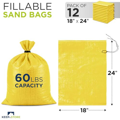 Heavy Duty Sand Bags Pack of 12, Bright Yellow Empty Sandbags with Built-In Ties, Woven Polypropylene UV Protection 1600 Hours, Fillable Bags for Flood Control, Weight, 18x24 inches, 60 Pounds Volume - size: 18"W x 24"L, style: Pack of 12