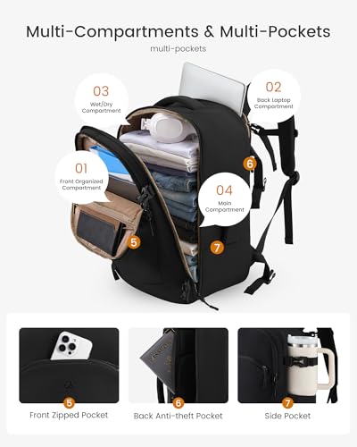 LOVEVOOK 40L Travel Backpack for Women, Airline Approved Carry On Backpack with 2 Packing Cubes, Waterproof Personal Item Bag Fits 17" Laptop, TSA Traveling Essentials Weekender Overnight Backpack - color: Khaki & Black, size: 40L-3PCS
