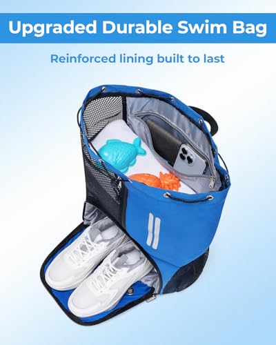 Swim Bag Mesh Drawstring Backpack with Shoe Compartment & Wet Pocket Waterproof Beach Backpack Pool Bag for Swimming, Gym, Travel and Workout Gear (Blue) - color: Blue