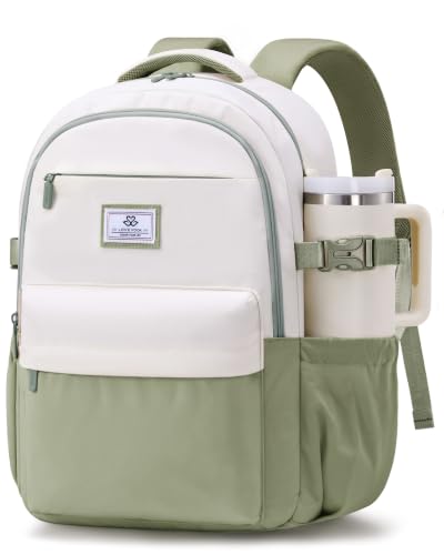 LOVEVOOK Laptop Backpack for Women Teens, 15.6" Computer Bag with 40oz Tumbler Buckle, College School Backpack,14 Pockets - color: Off-white/Bean, size: 15.6inch