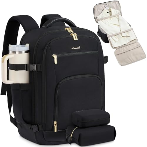 LOVEVOOK Travel Backpack for Women, 50L Carry On Backpack Flight Approved with Garment Bag, TSA Personal Item Travel Bag Fit 17 Inch Laptop, Business Weekender Waterproof Daypack With 2 Cubes, Black - color: Black, size: 50l-18 Inch-3pcs With Garment Bag