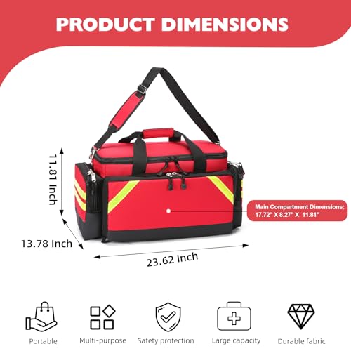 Empty Medical Bag First Aid Bag Home Health,First Aid Storage with Detachable Divider Medical Supplies Emergency Responder for Nursing Student,Therapist,Doctors - color: Red