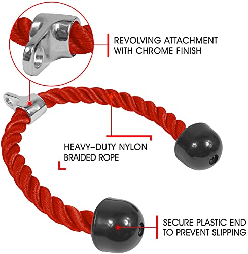 Yes4All Deluxe Tricep Rope Cable Attachment, 27 & 36 inch with 4 Colors, Exercise Machine Attachments Pulley System Gym Pull Down Rope with Carabiner - color: E. 36" Red