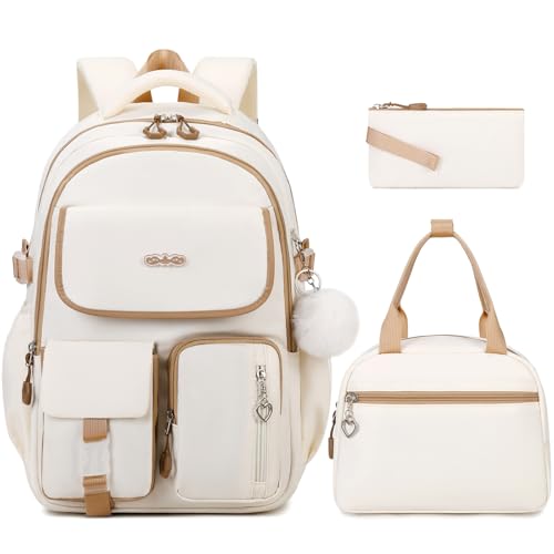 DIGOBAY Backpacks for Girls, 3PCS School Backpack with Lunch Box Pencil Pouch for Teen Girls Kids Elementary Primary Middle High College Travel School bag Bookbag Set （Beige-Khaki） - color: Beige-khaki