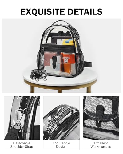 FADEON Clear Small Backpack Purse for Women, Designer Transparent Shoulder Handbag, PVC Mini Clear Bag for Stadium Approved - color: Black Retro Style