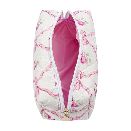 Cute Floral Makeup Bag Small Cotton Quilted Cosmetic Bag, Aesthetic Essential Bag Emergency Bag Gift for Women Girls Travel Accessories (Pink Bowknot Rose) - color: A6 Pink Bowknot Rose