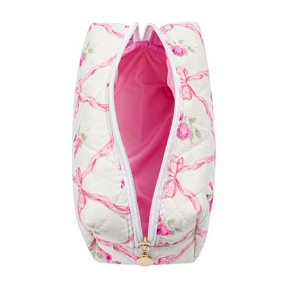 Cute Floral Makeup Bag Small Cotton Quilted Cosmetic Bag, Aesthetic Essential Bag Emergency Bag Gift for Women Girls Travel Accessories (Pink Bowknot Rose) - color: A6 Pink Bowknot Rose
