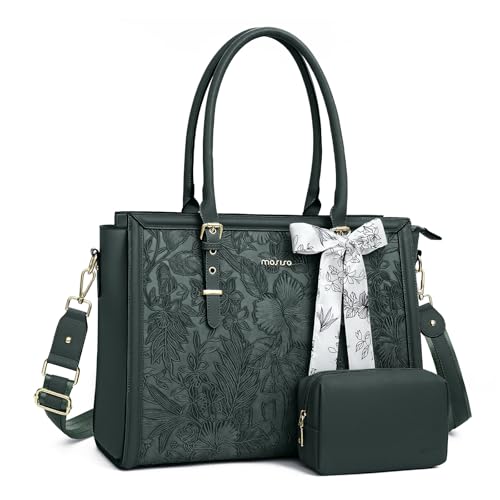 MOSISO Laptop Bag for Women, 15.6-16 inch PU Leather Tote Bag Compatible with MacBook, HP, Dell, Asus Notebook, Front Embossed Retro Hibiscus Computer Bags with Silk Scarf&Clutch Purse, Emerald Green - color: Emerald Green, size: 16 inch
