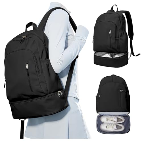 Gym Backpack for Women Men,Waterproof Gym Backpack with Shoe Compartment,Lightweight Sports Gym Bag Casual Daypack,Black - color: A-black