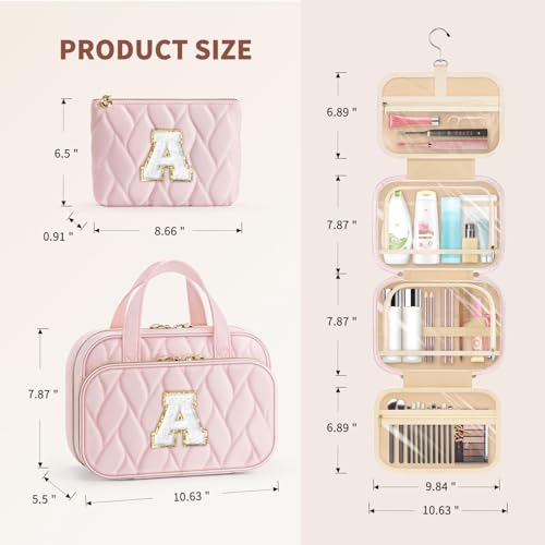 YOOLIFE Hanging Toiletry Bag - Large Capacity Personalized Travel Toiletry Bag for Women, Cruise Ship Essentials - Letter S, Pink - color: Pink, style: S