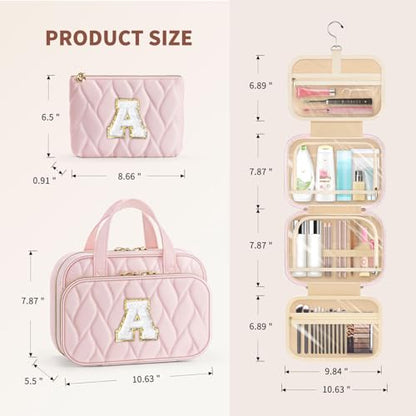 YOOLIFE Hanging Toiletry Bag for Women - Travel Toiletry Bag Makeup Bag, Portable Toiletries Cosmetic Bag, Airplane Travel Essentials - Letter T, Pink - color: Pink, style: T