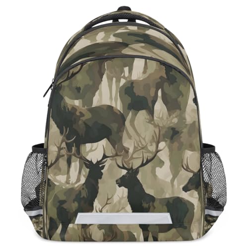 Camouflage Deers Backpack with Chest Strap Reflective Lightweight Travel Hiking Backpack for Men Women Waterproof Daypack Back Pack for Commute Camping