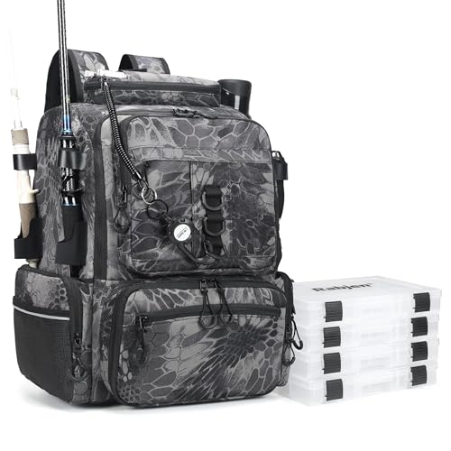 Rabjen Fishing Tackle Backpack, 45L Storage Waterproof Travel Bag Store Fishing Gear with Insulated Top Pocket - color: Camouflage Black, style: Standard Size 4 Tackle Boxes Included 900d Nylon