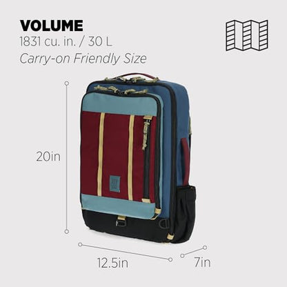 Topo Designs Global Travel Bag – 30L or 40L - Carry-On Compliant Most Airlines, Durable Travel Duffel Bag, Clam Shell Main Pocket, Laptop Sleeve, Backpack, Luggage (30L / Dark Denim/Burgundy) - color: Denim/Burgundy, size: 30L