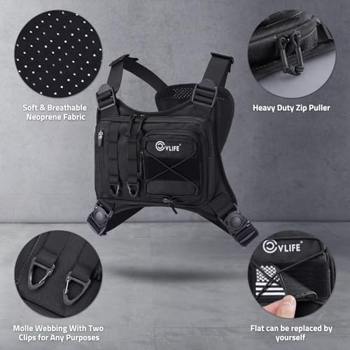 CVLIFE Outdoor Chest Bag for Men, Tactical Chest Pack, Adjustable Running Vest Bag, Lightweight Anti-theft EDC Rig for Hiking - color: Black