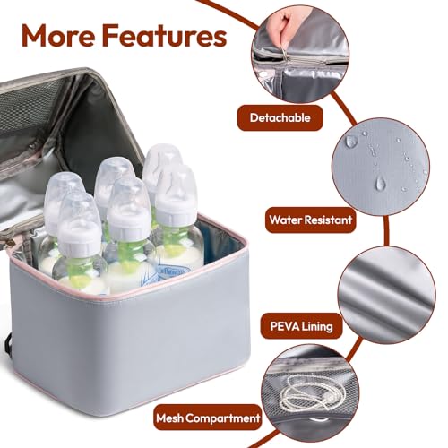 NCVI Breastmilk Cooler Bag with 2 Ice Pack, Breast Pump Bag with Cooler Fits 6 Bottles, Double Layer Breast Milk Baby Bottle Cooler Bag, for Travel, Nursing Mom Daycare, Work, Picnic (Grey) - color: Grey