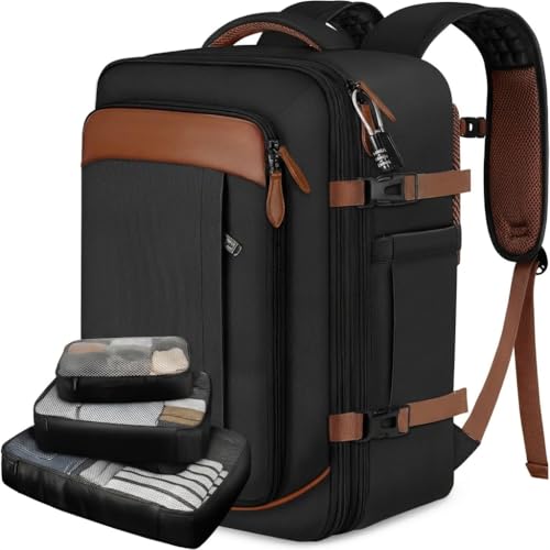 Vancropak 40L Travel Backpack Flight Approved Carry On for Men Women, Expandable Weekender Bag with 3 Packing Cubes, Water Resistant Anti-Theft Daypack fits 17.3" Laptop, Large Lightweight Luggage - color: Dark Black Brown