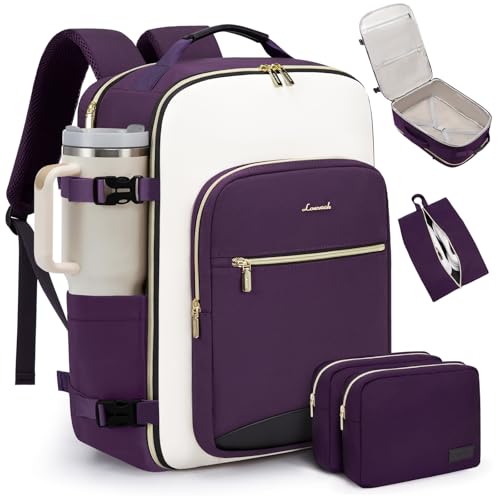 LOVEVOOK 50L Travel Backpack for Women & Men, Airline Approved Carry On Luggage with 3 Packing Cubes, TSA Overnight Bags, Waterproof Personal Item Bag, Weekender Essentials Backpacks fits 17" Laptop - color: Purple-beige-black, size: X-Large