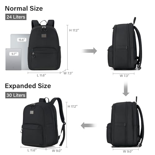 Hanke Expandable Laptop Backpack for Women and Men, 24L-30L Travel Backpack, 15.6 Inch College Laptop Bookbag for Work, Water Resistant Carry On Personal Item Bag, Black - color: Black