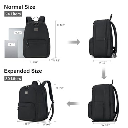 Hanke Expandable Laptop Backpack for Women and Men, 24L-30L Travel Backpack, 15.6 Inch College Laptop Bookbag for Work, Water Resistant Carry On Personal Item Bag, Black - color: Black