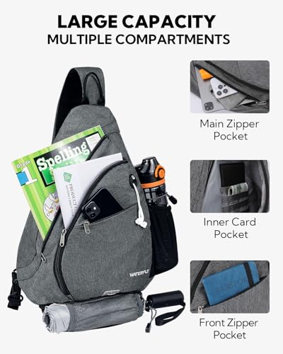 WATERFLY Sling Bag Sling Backpack Small Crossbody Shoulder Bag for Men Women Traveling Cycling Hiking Daypack - color: Grey