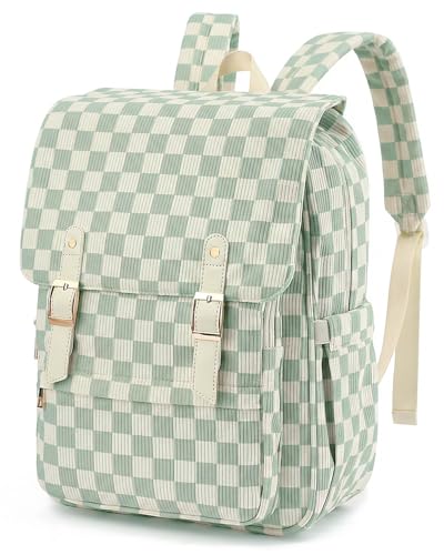 Corduroy Laptop Backpack for Women, Fits 15.6 Inch Computer Bag, College High School Bookbag Travel Daypack Purse, Work Business Bags - Corduroy Checkered Green - color: Corduroy Checkered Green
