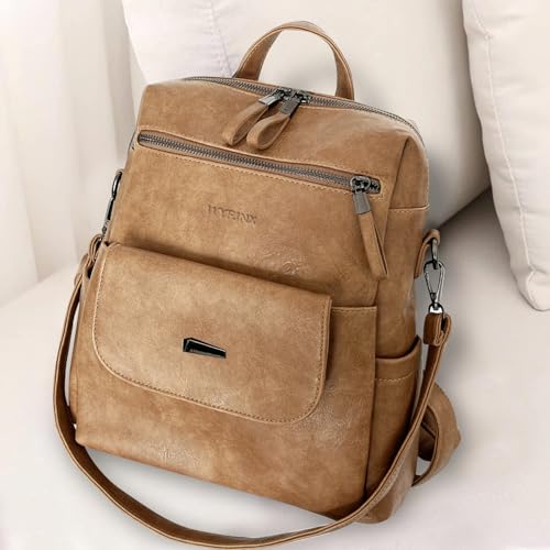 WYFJNX PU Leather Backpack Purse for Women Fashion Multipurpose Design Handbag Ladies Shoulder Bags Travel Backpack Camel - color: Camel