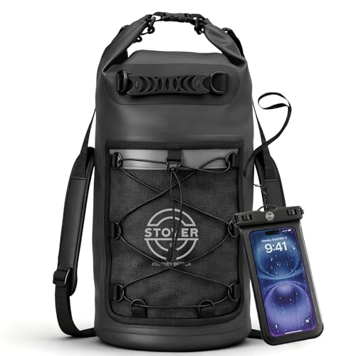 STOVER 5/10/25/30/40/55L Waterproof Dry Bag- Roll-Top Backpack w/Phone Case- Kayaking, Hiking, Camping, Boating- Men/Women - color: 25l Black (With Phone Case), size: 25L