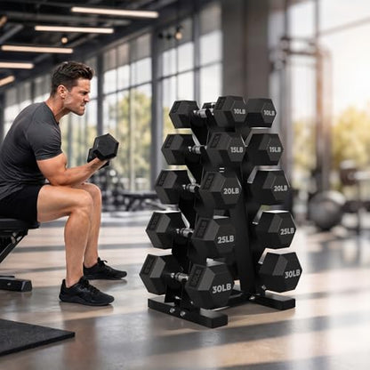 HANDBODE Rubber Coated Hex Dumbbell Set with A-Frame Rack, 100 lb - 600 lb Multiple Options Weight, Hexagon Non-Rolling Shape, Ergonomic Knurled Handle, Home Gym Equipment for Strength Training - style: 200 lb (10, 15, 20, 25, 30 lb) X 2