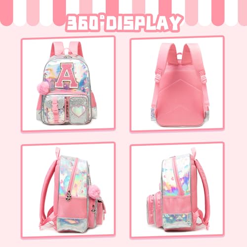 Meetbelify Backpack for Girls Letter Backpacks for Elementary Student Teen Girls Cute School Bag Kids Bookbag for Kids 8-10 - color: Initial a Pink