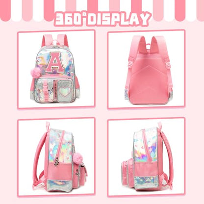 Meetbelify Backpack for Girls Letter Backpacks for Elementary Student Teen Girls Cute School Bag Kids Bookbag for Kids 8-10 - color: Initial a Pink