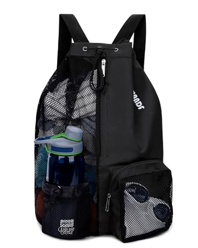 WANDF Swim Bag Mesh Drawstring Backpack with Wet Pocket for Swimming, Gym, and Workout Gear - color: Black, size: Large