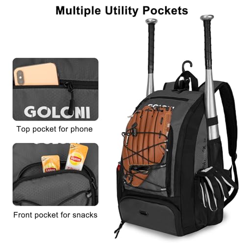 Goloni 40L Baseball Bag, Softball Bat Bag with Shoes Compartment,Fence Hook,Backpack for Baseball, T-Ball & Softball Equipment & Gear - color: Grey