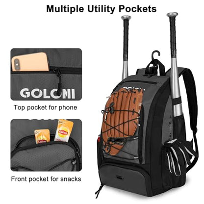 Goloni 40L Baseball Bag, Softball Bat Bag with Shoes Compartment,Fence Hook,Backpack for Baseball, T-Ball & Softball Equipment & Gear - color: Grey