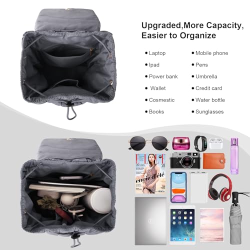 XSUIOY Quilted Backpack Purse for Women Small Lightweight Puffer Puffy College Laptop Backpack Nylon Casual Bookbag Daypack Top Flap Drawstring Padding Hiker Travel Gym Backpack(Grey) - color: Grey
