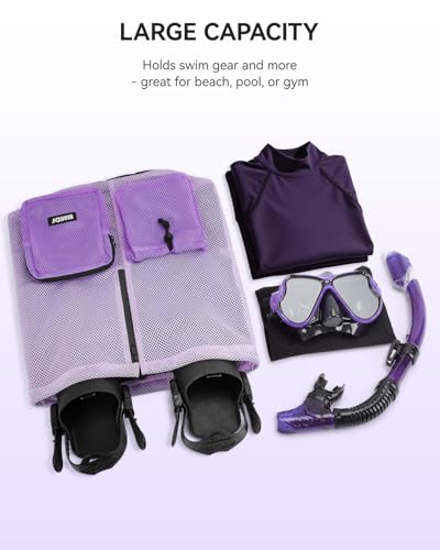 WANDF Swim Bag for Swimmers, Mesh Beach Backpack - color: Light Purple With 2 Front Pockets, size: Large