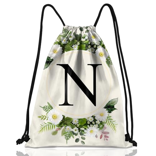 Initial Letter Drawstring Backpack String Sports Gym Bags Waterproof Sackpack Cute for Men Women Beach (13"×17") (Letter-N) - color: Letter-n