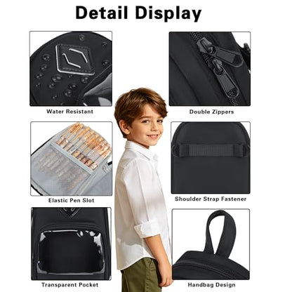 Large Capacity Kids Backpack Pencil Case Pen Bag with Clear Pocket, Cute Kawaii Pen Pouch Organizer with Adjustable Strap & Plush Doll Keychain for School Girls Boys (Black) - color: Black