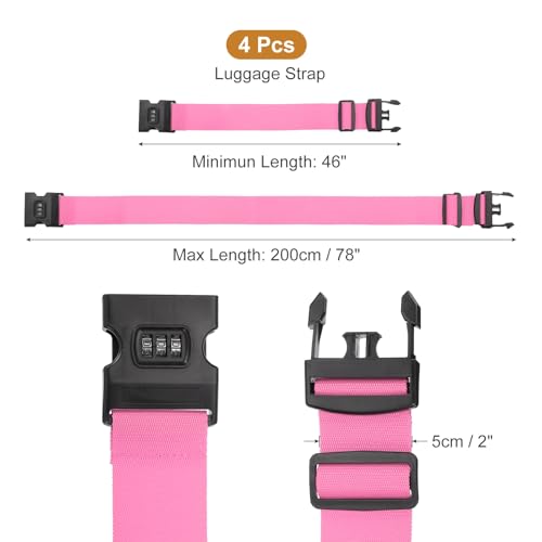 MECCANIXITY Luggage Straps with Combination Lock Adjustable Suitcase Belt Strap for Suitcase Briefcase Backpack Travel, Pink, Pack of 4 - color: Pink