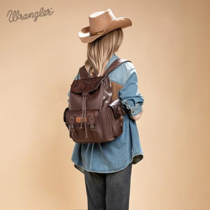 Montana West Wrangler Backpack Purse for Women Men Western Backpack Floral Tooled Travel Bags - color: Carve Coffee