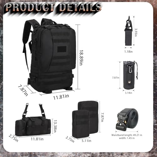 60L Tactical Backpack Military 3-Day Assault Pack, Waterproof Molle System Rucksack with Detachable Bag, Survival Bug Out Backpack for Men & Women(Black) - color: Black