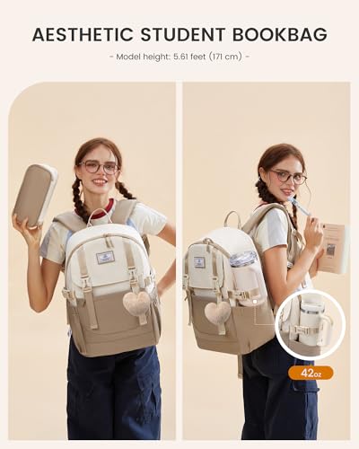 LOVEVOOK School Backpack for Teen Girls, Waterproof Travel College Bookbag for Middle High School with Large Cup Holder & Pencil Case, Fits 15.6'' Laptop, Cute Aesthetic Kids Student Backpack - color: Khaki
