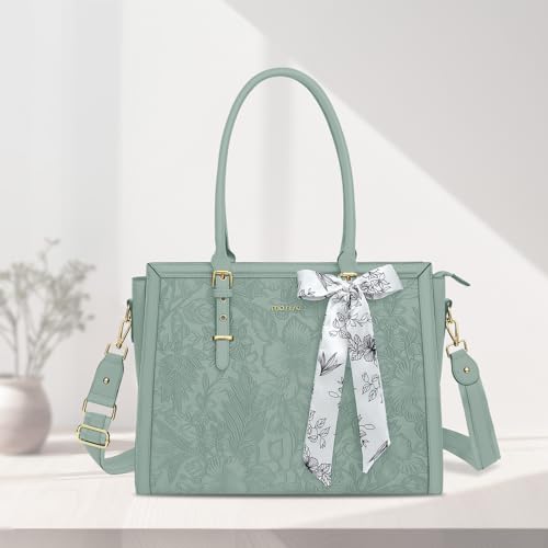 MOSISO Laptop Bag for Women, 17-17.3 inch PU Leather Tote Bag Compatible with MacBook, HP, Dell, Asus Notebook, Front Embossed Retro Hibiscus Computer Bags with Silk Scarf&Clutch Purse, Antique Green - color: Antique Green, size: 17.3 inch