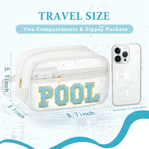 COSHAYSOO Clear POOL Makeup Bag Small Travel Pouch for Women Teenager Girls Pool Accessories Stuff Organizer Preppy Chenille Letter Patch Summer Girly Things - color: White-POOL