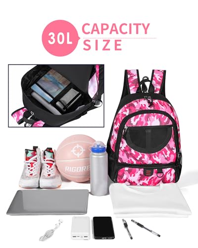 Basketball Bag Backpack for Men Women with Ball & Shoes Compartment 30L Capacity Lightweight Breathable Boys Girls Soccer Ball Bag Backpack Fit Volleyball Football Sports Travel School Gym - color: TK8PinkCamo