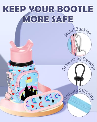 Miss Adola Water Bottle Carrier with Strap - Insulated Kids Water Bottle Holder for Boys Girls Bottle Bag for 10-18Oz - color: Rainbow Castle