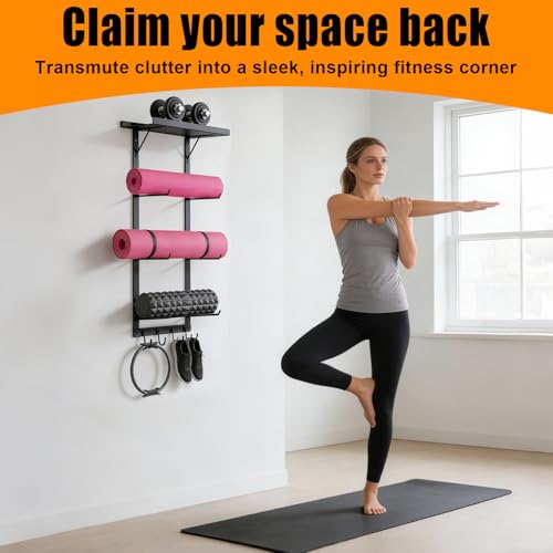 Black Wall Mount Yoga Mat Holder with Floating Shelf & 5 Hooks, Home Gym Storage Rack for Yoga Mats, Foam Rollers and Resistance Bands, Metal