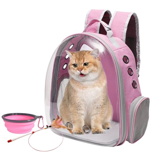 Vivicreate Large Cat Backpack Carrier with Folding Bowl and Teaser Stick for Cats up to 20lbs with Ventilation and Padded Straps Mochila para Gatos transportadora mascotas (Pink)