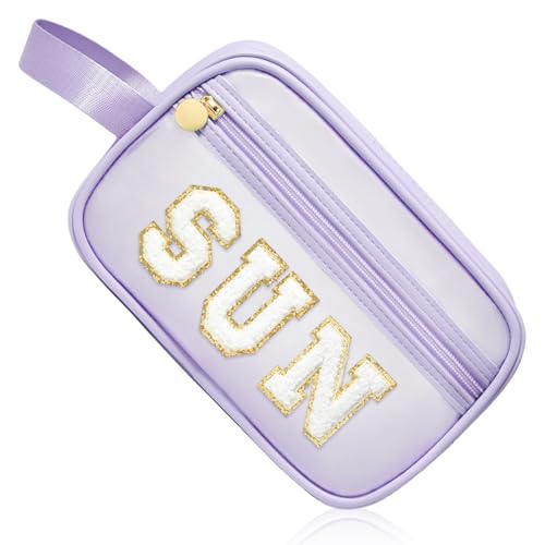 COSHAYSOO Clear Sunscreen Bag Makeup Toiletries Pouch Beach Vacation Essentials Summer Travel Stuff Accessories Personalized Graduation Gifts for Her Women College Teen Girls Teacher Nurse Purple SUN - color: Purple-SUN